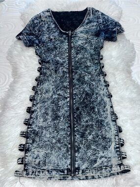 VIP Acid-Wash Black Mini Dress with Front Zip